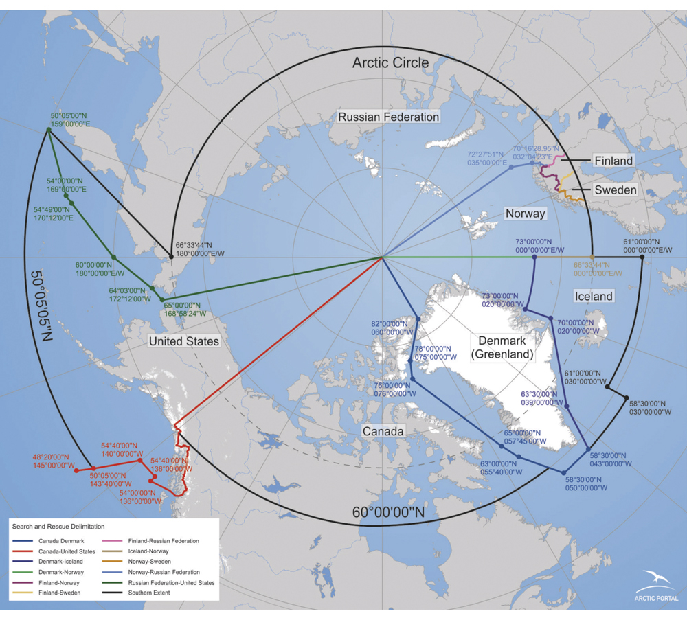 Figur 15.1 Illustrasjonen viser hvordan hovedansvaret for søk og redning i Arktis er fordelt mellom de åtte nasjonene som grenser til Arktis, i henhold til SAR-Arktis avtalen.