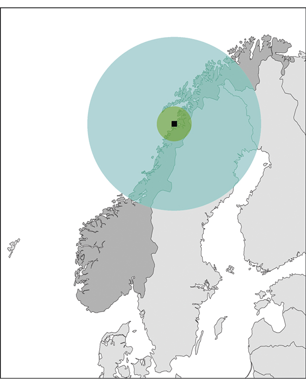 Figur 5.9 Figuren illustrerer forskjell i redningskapasitet på de nye AW101 redningshelikoptre og dagens Sea King-helikoptre ved et tenkt eksempel på uthenting av 20 nødstedte personer fra basen i Bodø. AW101 kan i dette tilfelle fly om lag 250 nautiske mil og...