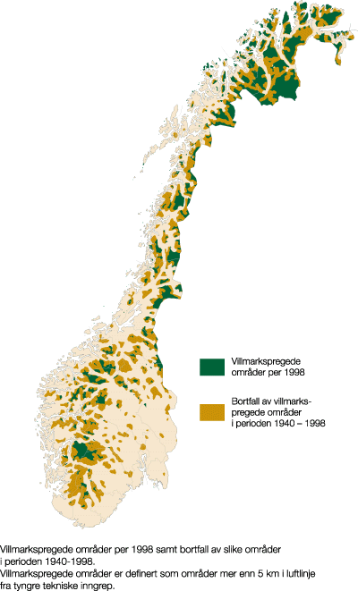Figur 3.3 Bortfall av inngrepsfrie naturområder i perioden 1900–1998
