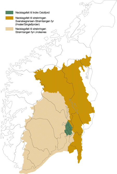 Figur 6.1 Nedbørsfelt som drenerer til det eutrofipåvirkede
området fra svenskegrensen til Lindesnes.