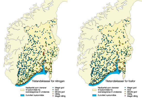 Figur 6.3 Tilstandsklasser for nitrogen- og fosforkonsentrasjon i innsjøer
som drenerer til området fra svenskegrensen til Lindesnes