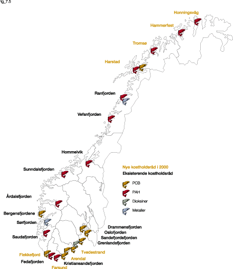 Figur 7.5 Områder belagt med kostholdsråd eller -restriksjoner.
Dette er områder der miljøgiftinnholdet er så høyt
at næringsmiddelmyndighetene har innført forbud
mot omsetning og/eller råd om øvre grense
for inntak av fisk og skalldyr