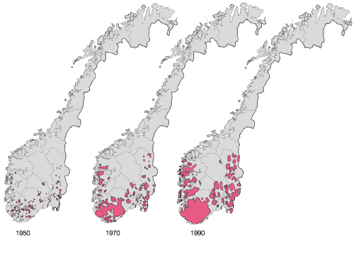 Figur 9.7 Områder i Norge med skader på fisk 1950–1990