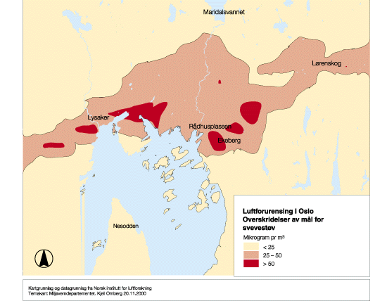 Figur 9.10 Overskridelser av mål for svevestøv. Figuren
viser områder der det er beregnet at det nasjonale resultatmålet
for svevestøv overskrides i Oslo, under normale meteorologiske
forhold og dagens utslippsnivå. (Beregningene er beheftet
med usikker...