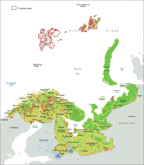 Figur 10.2 Verneområder og villmarkspregete naturområder
i Barentsregionen. Fargeskalaen fra rød til mørk
grønn representerer økende avstand til bosettinger,
transportårer og andre tyngre, tekniske naturinngrep