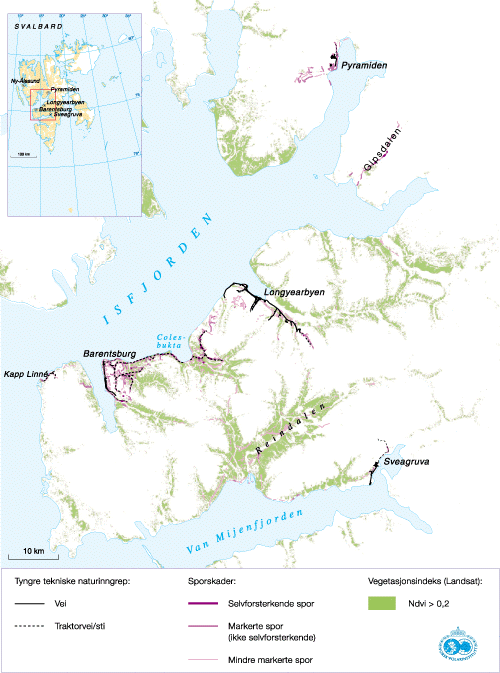 Figur 10.3 Tyngre, tekniske naturinngrep og sporskader i områder
med sammenhengende vegetasjonsdekke på det sentrale Spitsbergen.
Grønnfarge angir områder med sammenhengende, grønn
vegetasjon.