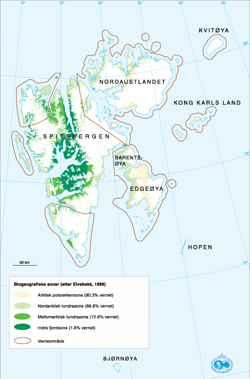 Figur 10.4 Andel av arealet som er vernet innenfor ulike biogeografiske
soner på Svalbard