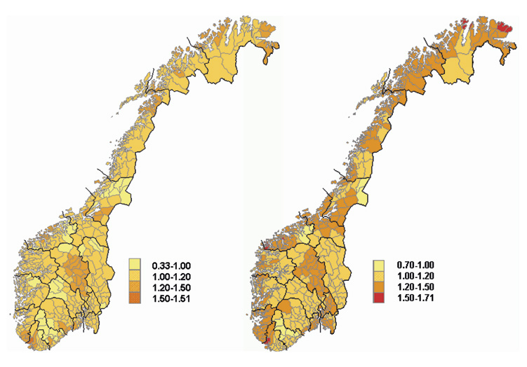 Figur 10.1 Prosentvis auke i talet på vasskadar på bustadhus fram til 2100 ut frå to ulike klimamodellar og utsleppsscenario (IPCC): Hadley-A2 (v) og Echam-B2 (h). Kvar fargekode er eit intervall for endring i talet på skadar (1,00-1,20 svarar til 0–20 prosent ...