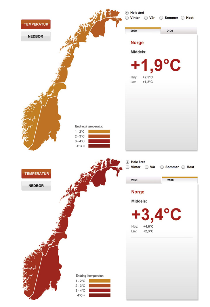 Figur 5.4 Kart over temperatur årsgjennomsnitt 2050/2100