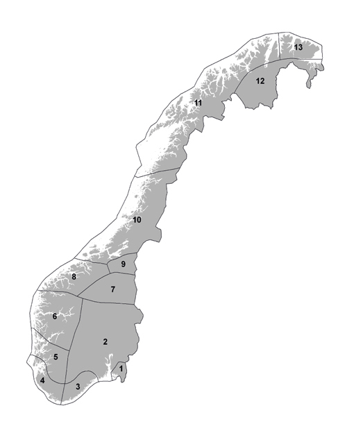 Figur 5.6 Nedbørregionar i Noreg