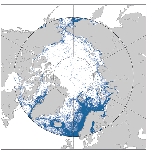 Figure 4.1 Ship traffic north of 60 degrees latitude (1 Oct. 2010–1 Oct. 2012)