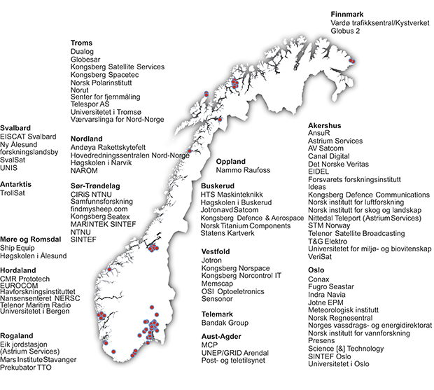 Figur 3.4 Geografisk oversikt over norsk romrelatert næringsliv