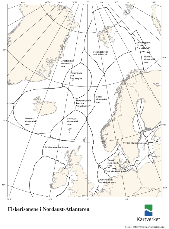 Figur 2.1 Kart som viser dei ulike fiskerisonene i Nordaust-Atlanteren