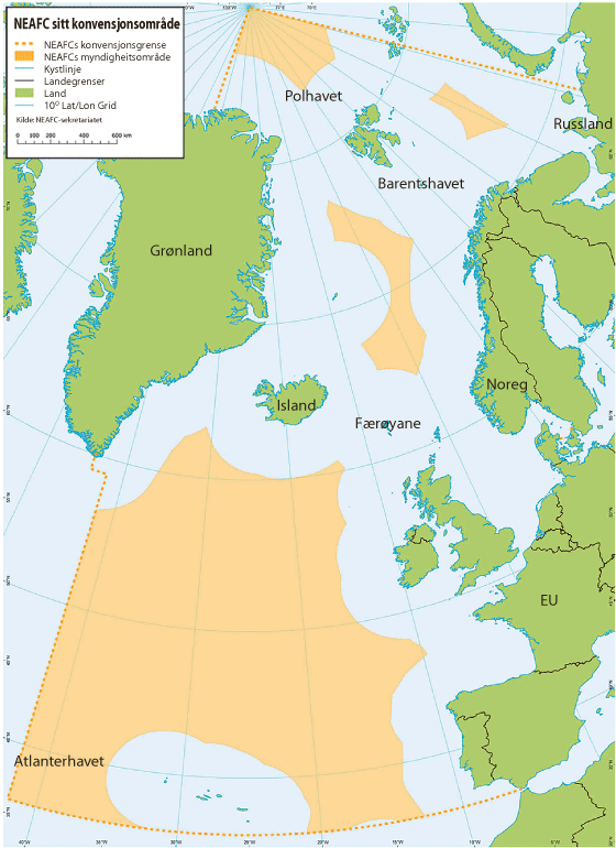 Figur 3.12 NEAFC sitt konvensjonsområde ligg innanfor dei stipla linjene, myndigheitsområde er merka i oransje 
