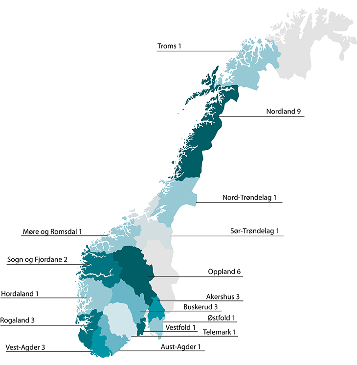 Figur 6.1 Oversikt over antall karrieresentre per fylke per 1.1.2016.