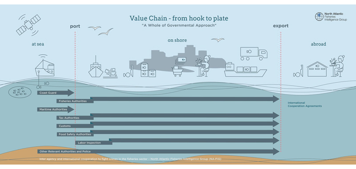 Figur 2.8  Illustrasjonen frå NA-fig viser korleis det arbeides langs heile verdikjeden mot fiskerikriminalitet. 