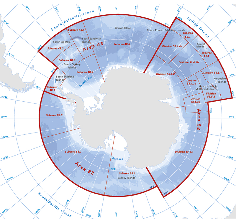 Figur 3.11 CCAMLR sitt konvensjonsområde og dei ulike underområda
