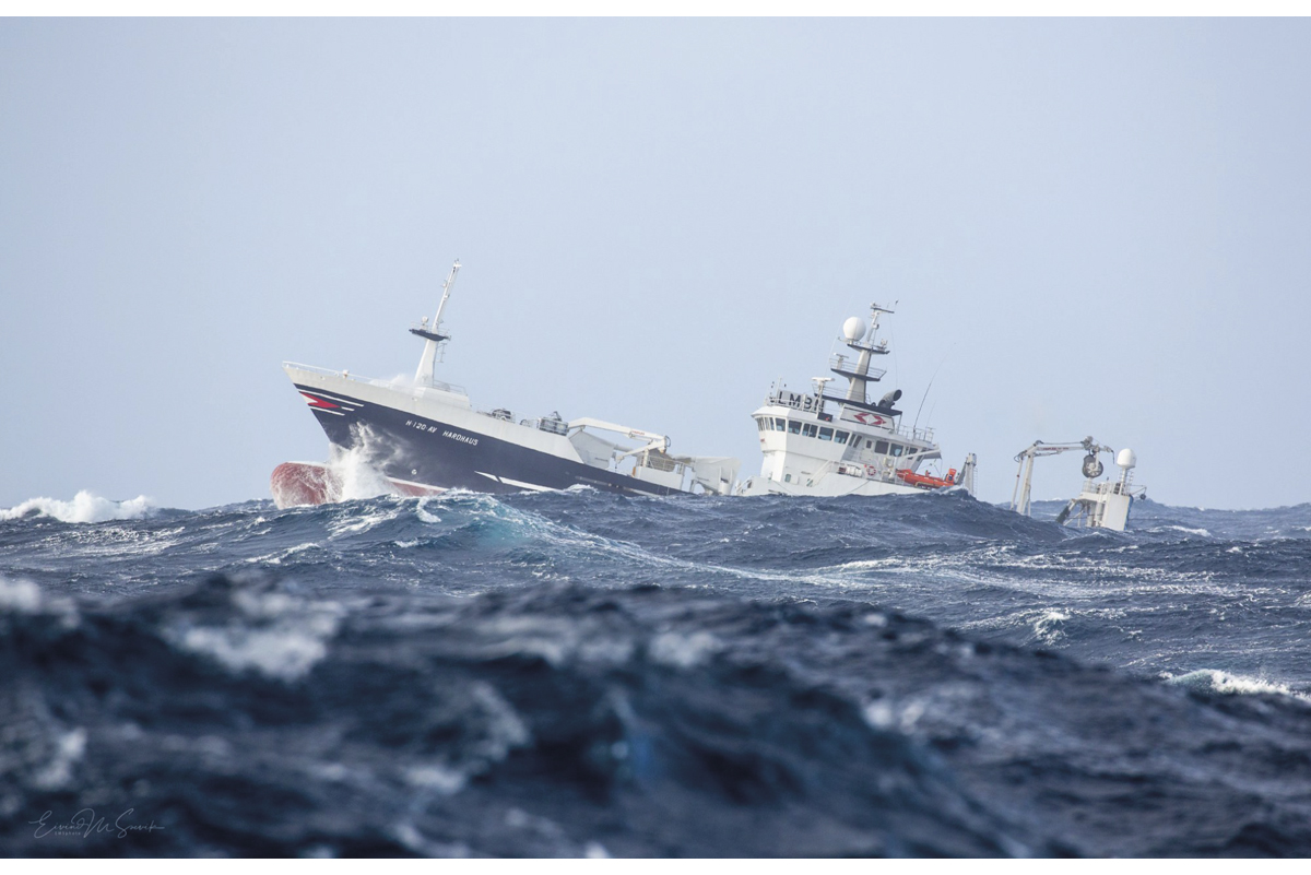 Figur 3.6 Den pelagiske trålaren Hardhaus ventar på at vêret skal spakne under kolmulefiske vest om Irland i februar 2020.
