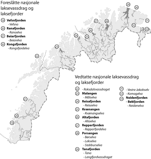 Figur 1.2 Vedtatte og foreslåtte laksevassdrag og laksefjorder
i Nord-Norge