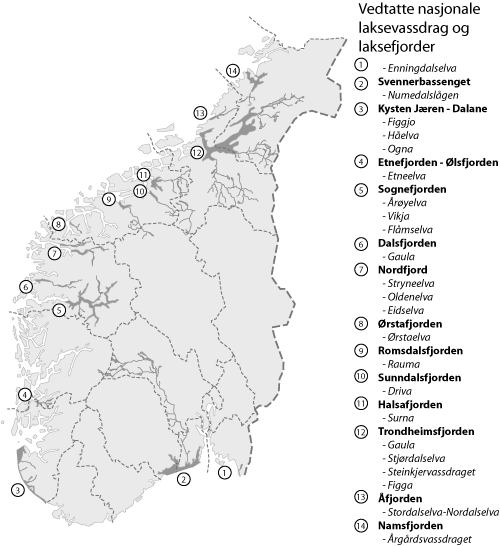 Figur 4.1 Vedtatte nasjonale laksvassdrag og laksefjorder i Sør-Norge