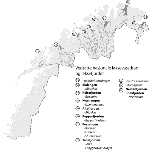 Figur 4.2 Vedtatte nasjonale laksvassdrag og laksefjorder i Nord- Norge
