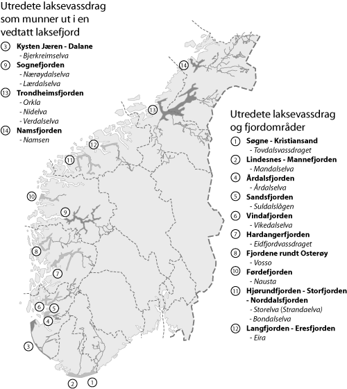 Figur 5.1 Utredete laksevassdrag og fjordområder i Sør-Norge.