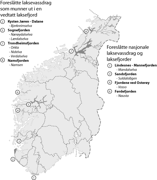 Figur 7.1 Forslag til nye nasjonale laksevassdrag og laksefjorder i Sør
Norge