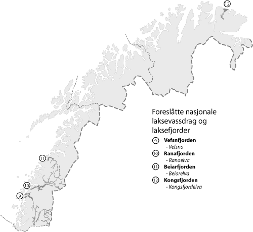 Figur 7.2 Forslag til nye nasjonale laksevassdrag og laksefjorder i Nord
Norge