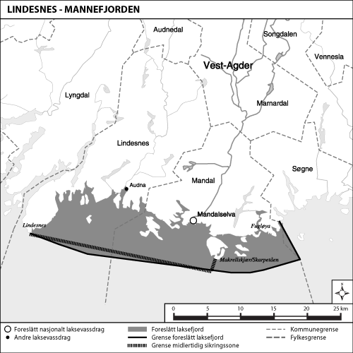 Figur 1.1 Kart over utredet området og foreslått laksefjord:
Lindesnes- Mannefjorden