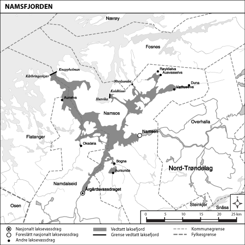 Figur 1.12 Kart over Namsfjorden med vedtatte og foreslåtte laksevassdrag