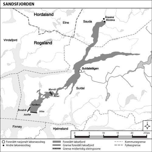 Figur 1.2 Kart over utredet område og foreslått laksefjord:
Sandsfjorden