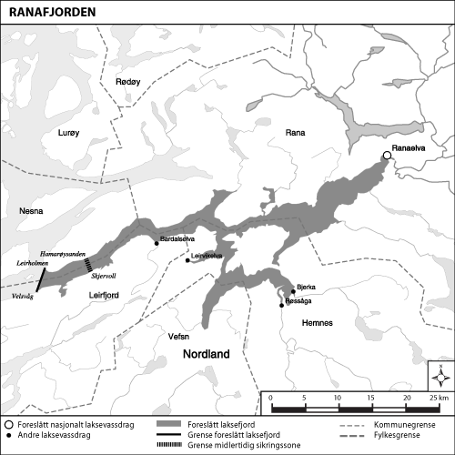 Figur 1.6 Kart over utredet område og foreslått laksefjord:
Ranafjorden