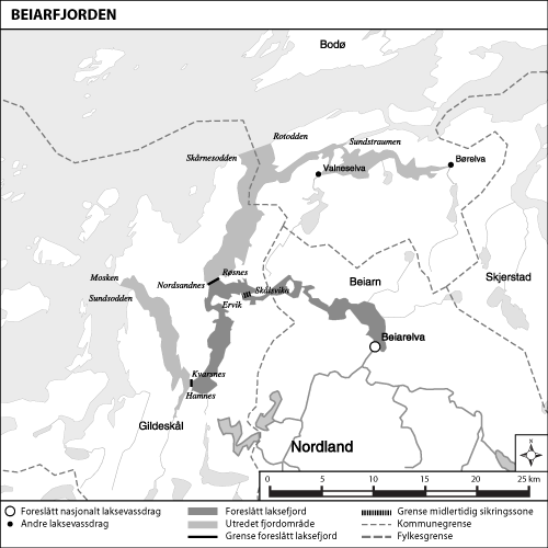 Figur 1.7 Kart over utredet område og foreslått laksefjord:
Beiarfjorden