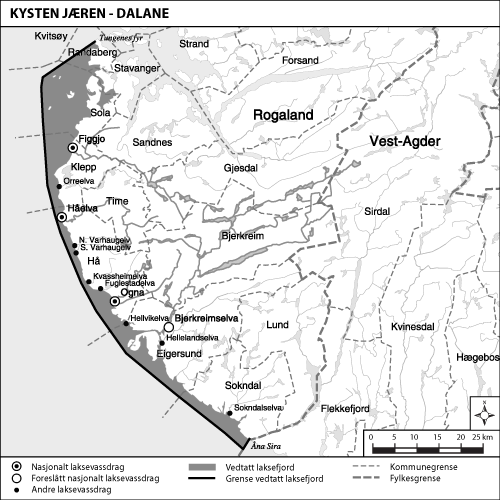 Figur 1.9 Kart over Kysten Jæren–Dalane med vedtatte
og foreslåtte laksevassdrag