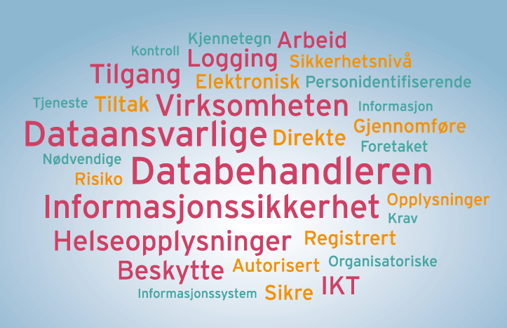 Figur 6.1 Ordsky over de mest brukte meningsbærende ordene i bestemmelser som omhandler IKT-sikkerhet i et utdrag av lover og forskrifter