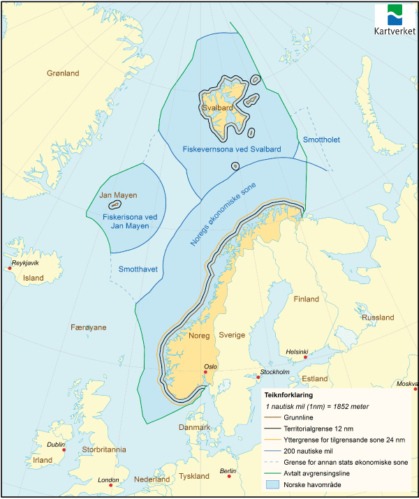 Figur 2.1 Viser dei ulike sonene under norsk jurisdiksjon og dei internasjonale havområda Smottholet i Barentshavet og Smotthavet i Norskehavet.
