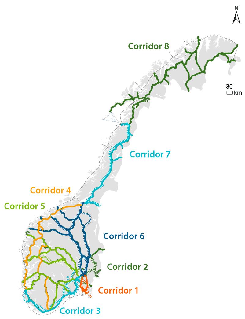 The figure shows a map of Norway where the eight transport corridors are illustrated