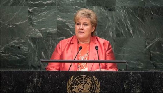Statsminister Erna Solberg holder Norges hovedinnlegg i FNs generalforsamling. Foto: Cia Pak, FN