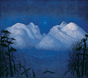 Figur 16.1 Rondane nasjonalpark ble vernet i 1962 som landets første
nasjonalpark. Harald Sohlbergs maleri ”Vinternatt i Rondane” forteller mer
enn ord om den tilknytningen mennesket har til natur, og hvilke
verdier som ligger til grunn for opprettelsen a...