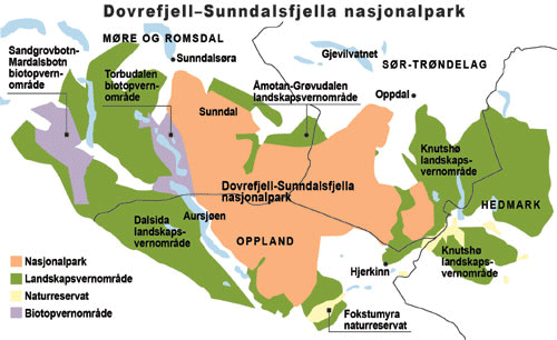 Figur 16.2 Verneområdet Dovrefjell - Sunndalsfjella nasjonalpark
med landskapsvernområder, biotop-vernområder og
naturreservater viser en kombinasjon av verneformer som til sammen dekker
4266 km2.
