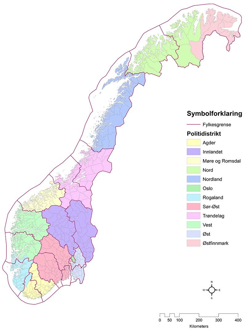 Norgeskart med regjeringens forslag til 12 politidistrikter
