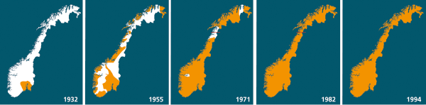 Figur 2.6 Utviklingen av sentralnettet og samkjøring. Illustrasjonen viser hvordan vi gikk fra et begrenset samkjøringsområde i 1932 til et sammenhengende nasjonalt sentralnett