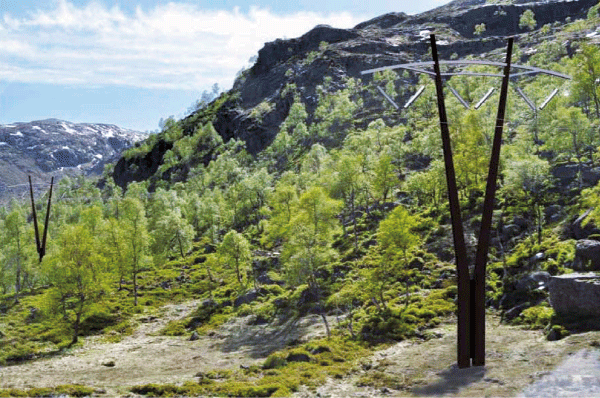 Figur 6.11 Modalen – Mongstad. Visualisering av landskapstilpassede master som mulig avbøtende tiltak