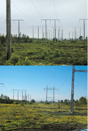 Figur 6.5 Det øverste bildet er situasjonen før 420 kV-ledningen ble etablert. Det nederste bildet viser 420 kV-ledningen som NVE ga konsesjon til, og som sammen med ny Fræna transformatorstasjon gjorde det mulig å sanere to regionalnettsledninger
