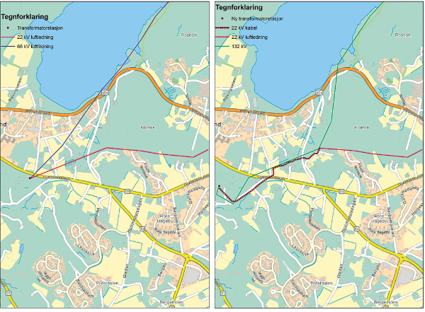 Figur 6.7 Eksempel på traséjustering for å unngå et boligområde. Bildet til venstre viser situasjonen før tiltaket, og bildet til høyre viser løsningen NVE ga konsesjon til