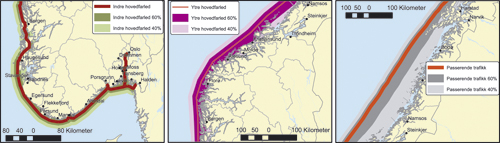 Figur 3.13 Eksempel på influensområde fra skipstrafikk
 i indre hovedfarled, i ytre hovedfarled og fra passerende trafikk
 med henholdsvis 60 prosent 40 prosent sannsynlighet for miljøskade
 i form av forurensning.