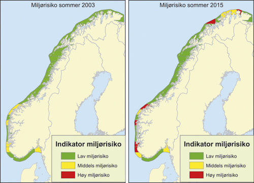 Figur 3.15 Beregnet miljørisiko i 2003 og i 2015.