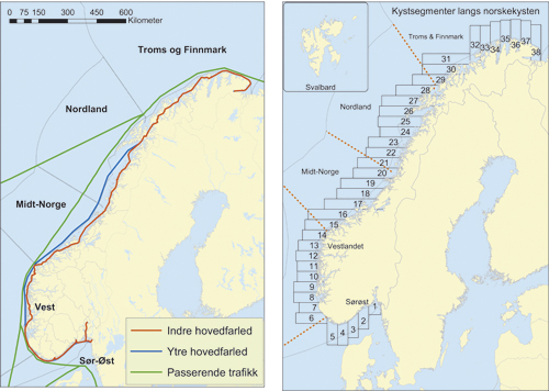 Figur 3.3 Farleder (venstre figur), kystsoner og kystsegmenter (nummererte
 firkanter) benyttet i analysen.