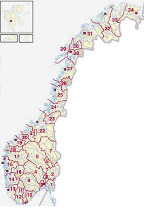 Figur 6.3 Kartet viser geografisk inndeling i 34 Interkommunale utvalg
mot akutt forurensning.