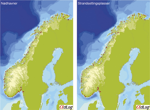 Figur 6.6 Kartene viser kartlagte mulige nødhavner (til venstre)
og strandsettingsplasser (til høyre) langs norskekysten.